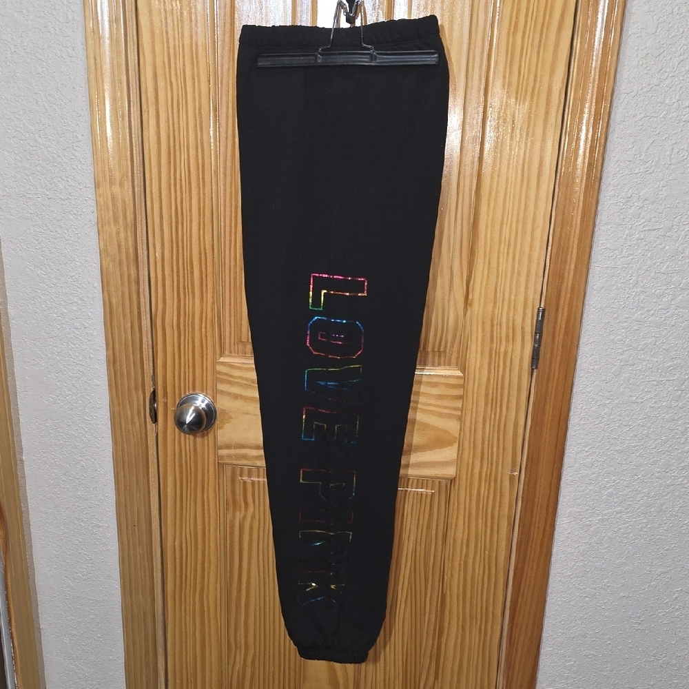 NWT VS PINK- Black Hoodie and Pants Set with Iriescent Rainbow Foil Logo L/XL - Picture 5 of 9